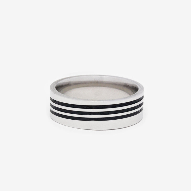 Anillo de acero inoxidable plateado con bandas negras - DiversoMen