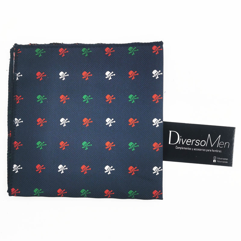 Pañuelo azul marino con calaveras piratas rojas, verdes y blancas - DiversoMen