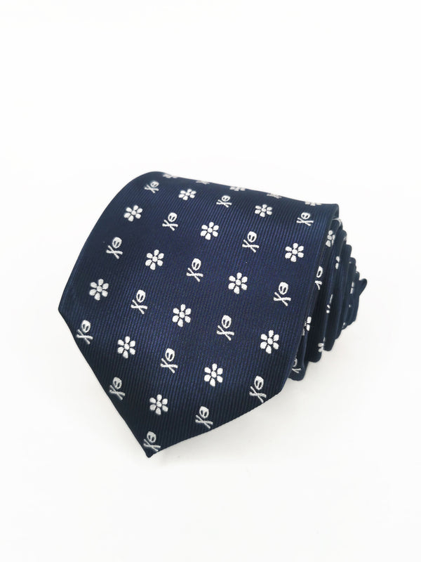 Corbata azul marino calaveras piratas y flores blancas - DiversoMen