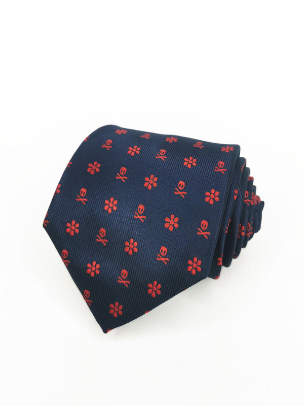 Corbata azul marino calaveras piratas y flores rojas