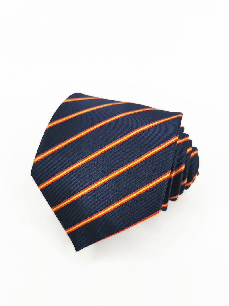Corbata azul marino con rayas roja y amarilla finas - DiversoMen