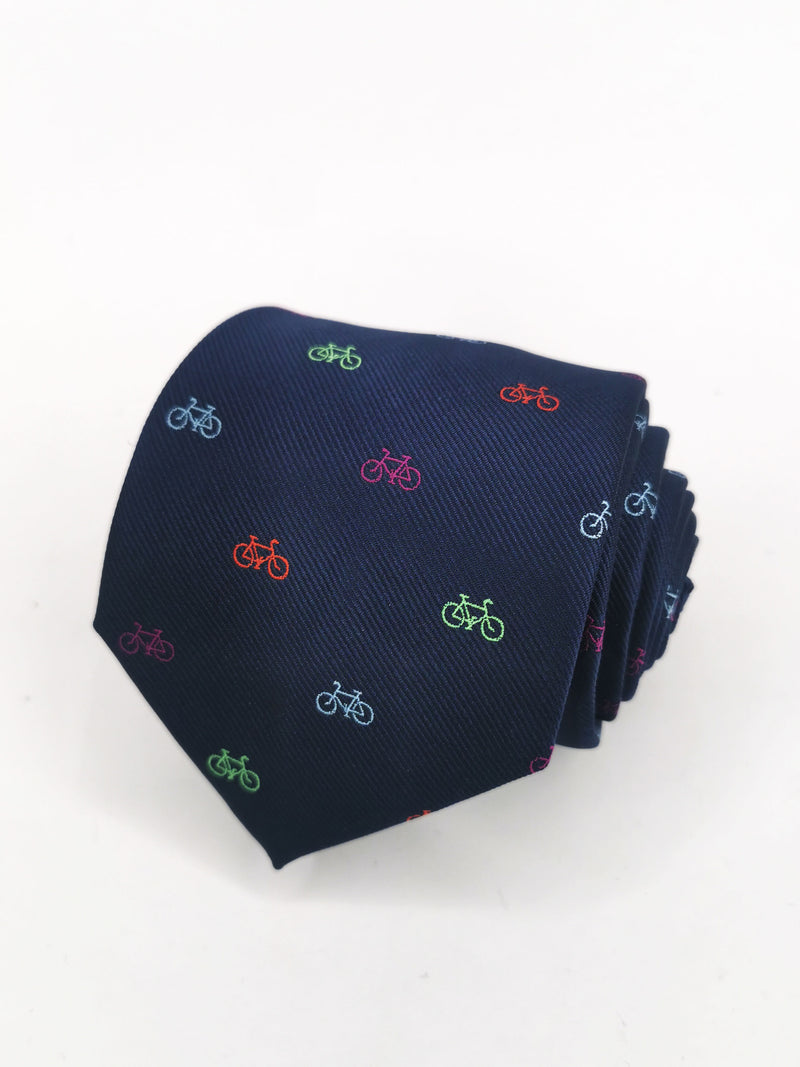 Navy blue tie with small colorful bicycles