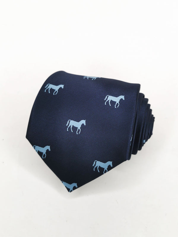 Navy blue tie with light blue horses