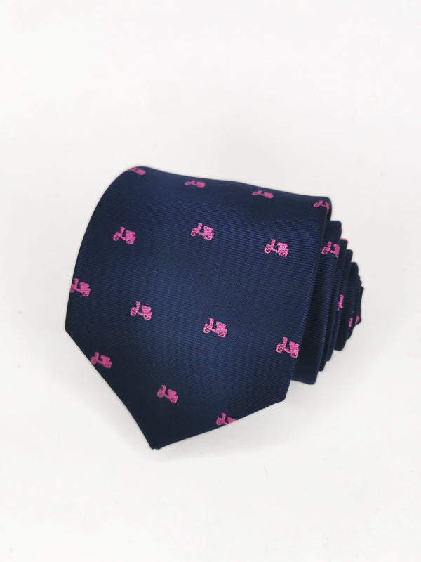 Cravate bleu marine à petites motos rose fuchsia