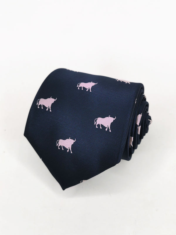 Navy blue tie with pink bulls