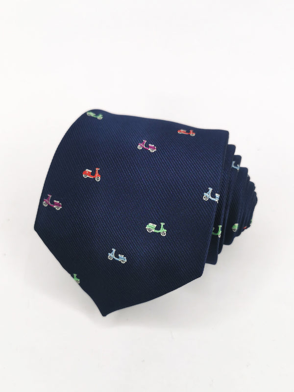 Corbata azul marino con motos vespas pequeñas de colores