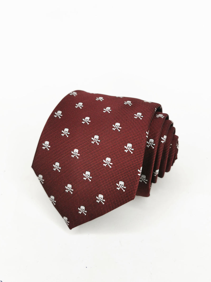 Corbata burdeos con calaveras piratas blancas - DiversoMen