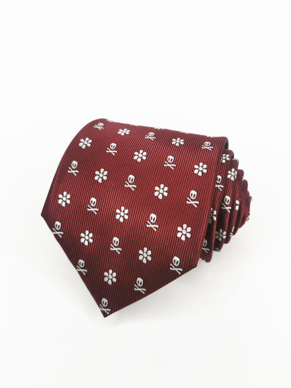 Corbata burdeos calaveras piratas y flores blancas - DiversoMen