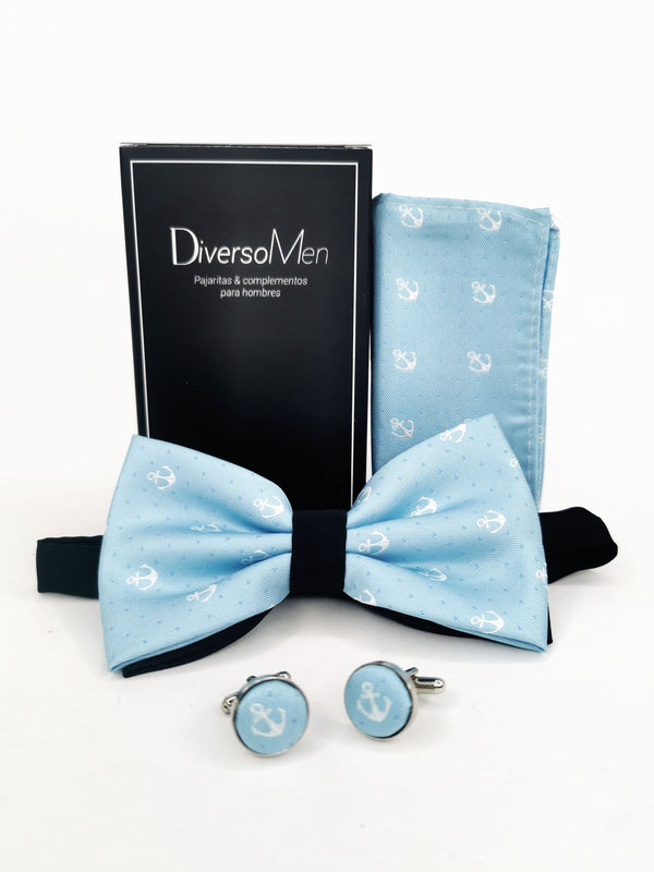 Conjunto Pajarita, pañuelo y gemelos celeste con anclas - DiversoMen