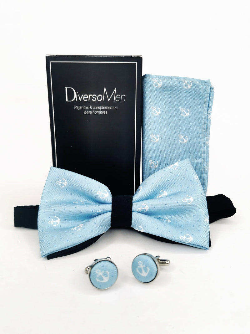 Conjunto Pajarita, pañuelo y gemelos celeste con anclas - DiversoMen