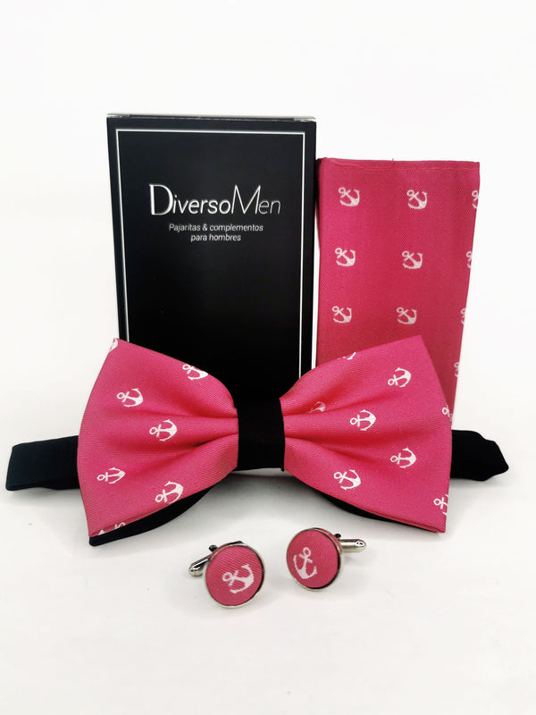 Conjunto Pajarita, pañuelo y gemelos rosa fucsia con anclas - DiversoMen