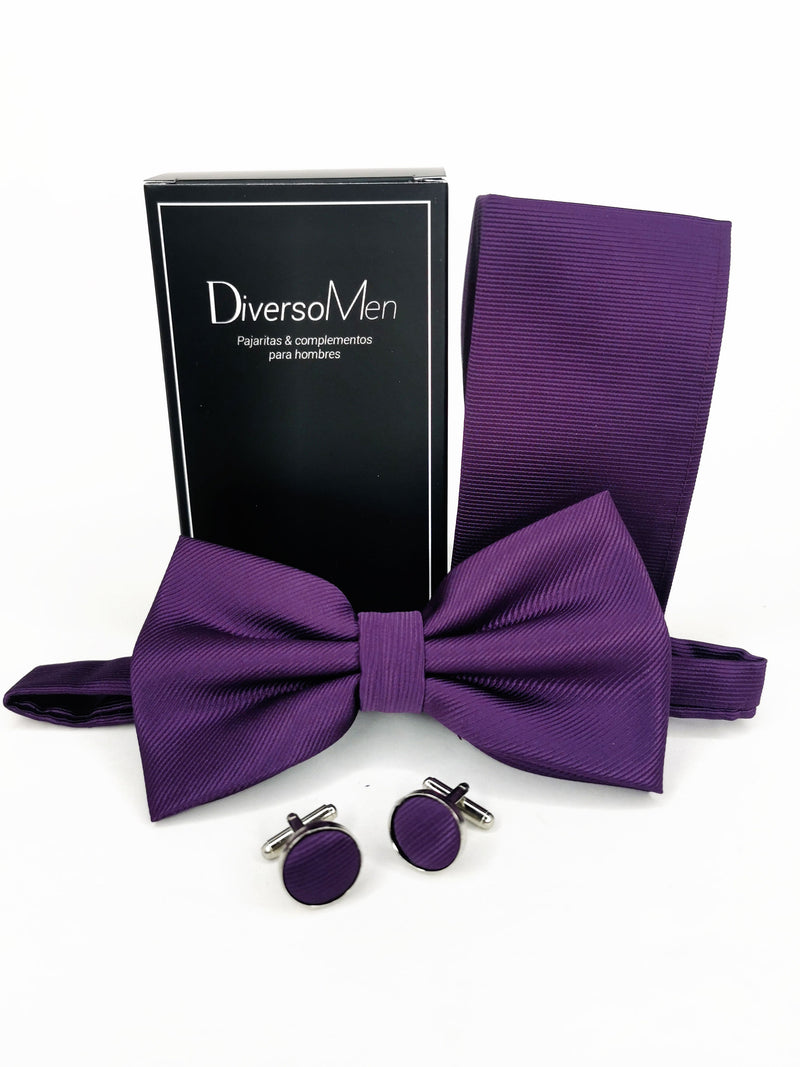 Conjunto Pajarita, pañuelo y gemelos morada liso - DiversoMen