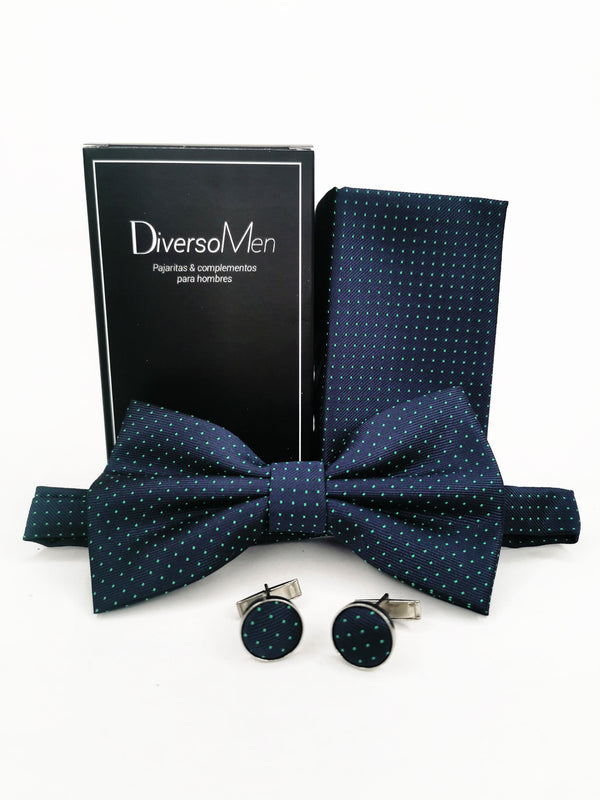 Conjunto Pajarita, pañuelo y gemelos azul marino lunares verde agua pequeños - DiversoMen