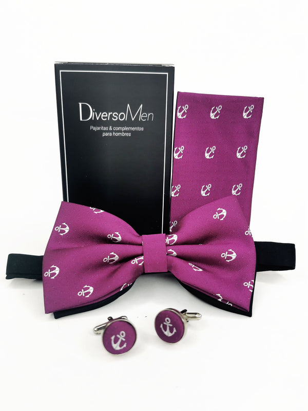 Conjunto Pajarita, pañuelo y gemelos magenta con anclas - DiversoMen