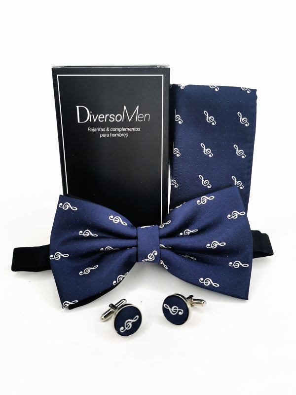 Conjunto Pajarita, pañuelo y gemelos azul con clave de sol - DiversoMen