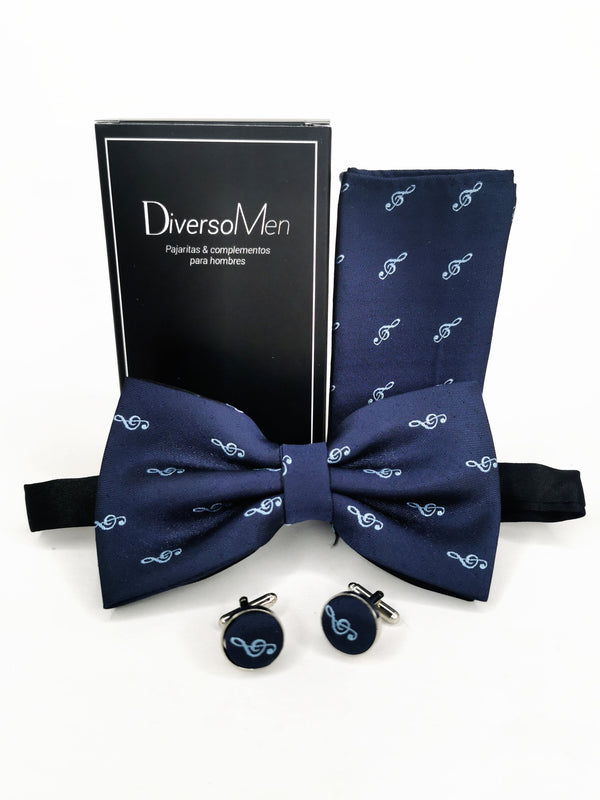 Conjunto Pajarita, pañuelo y gemelos azul con clave de sol celeste - DiversoMen