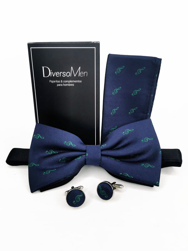 Conjunto Pajarita, pañuelo y gemelos azul con clave de sol verde - DiversoMen