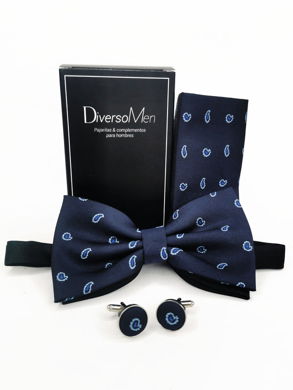 Conjunto Pajarita, pañuelo y gemelos azul marino con gotas azules - DiversoMen