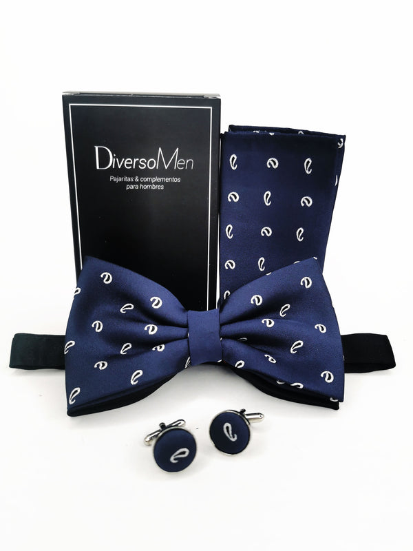 Conjunto Pajarita, pañuelo y gemelos azul marino con gotas - DiversoMen