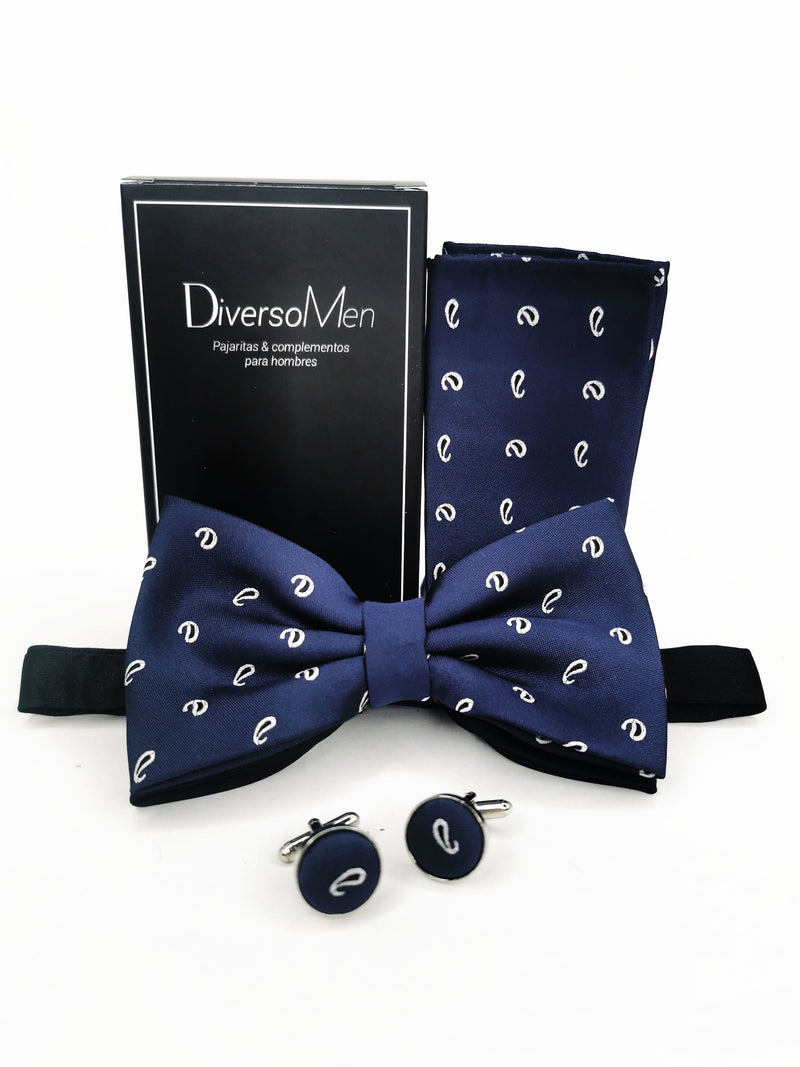 Conjunto Pajarita, pañuelo y gemelos azul marino con gotas - DiversoMen