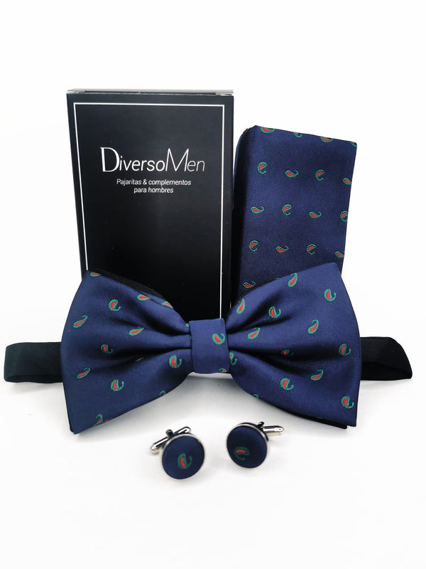 Conjunto Pajarita, pañuelo y gemelos azul marino con gotas verde y roja - DiversoMen