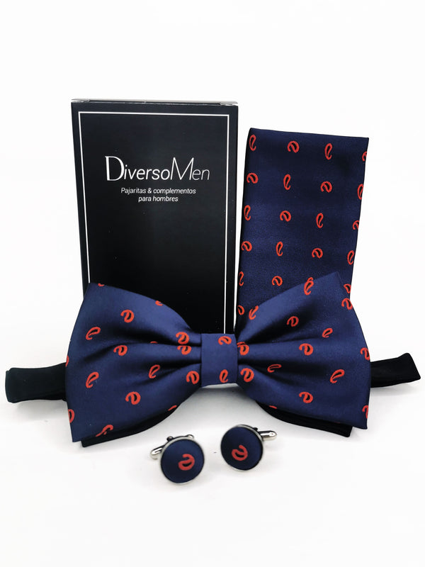 Conjunto Pajarita, pañuelo y gemelos azul marino con gotas rojas - DiversoMen
