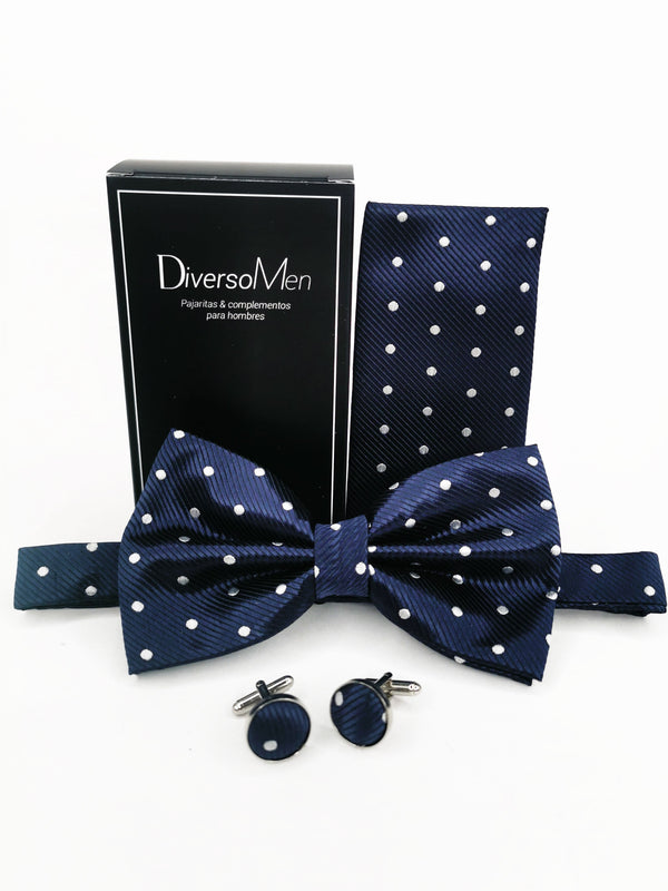 Conjunto Pajarita, pañuelo y gemelos azul marino lunares blancos medianos - DiversoMen