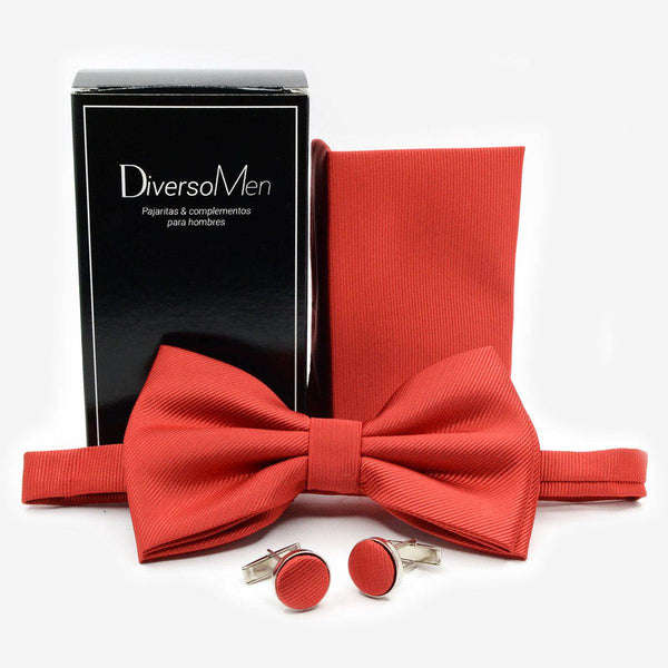 Conjunto Pajarita, pañuelo y gemelos rojo liso - DiversoMen