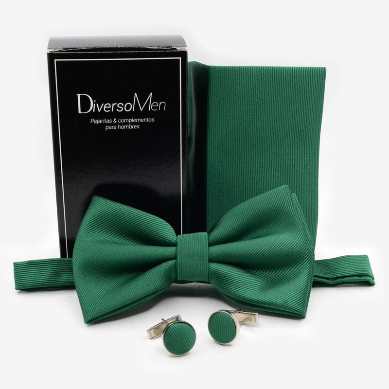 Conjunto Pajarita, pañuelo y gemelos verde oscuro liso - DiversoMen