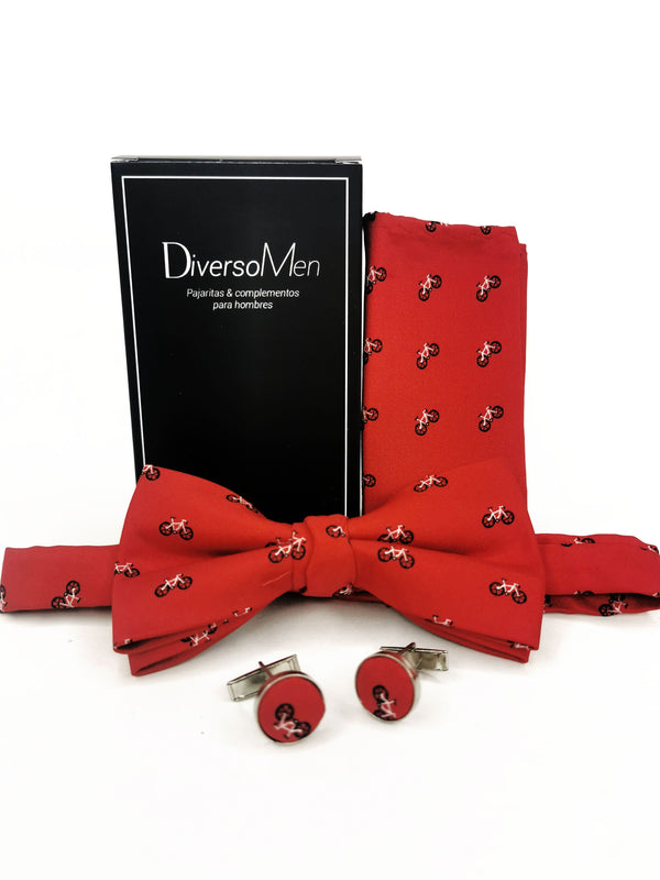Conjunto Pajarita, pañuelo y gemelos rojo con bicicletas - DiversoMen