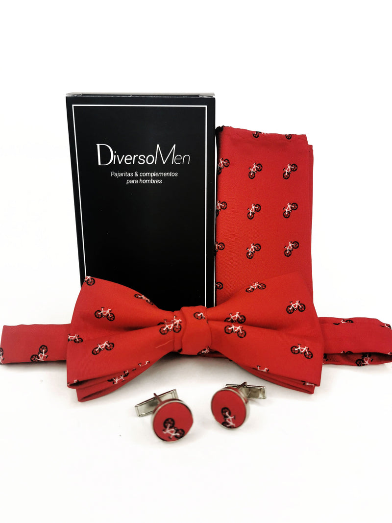 Conjunto Pajarita, pañuelo y gemelos rojo con bicicletas - DiversoMen