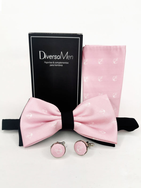 Conjunto Pajarita, pañuelo y gemelos rosa con anclas - DiversoMen