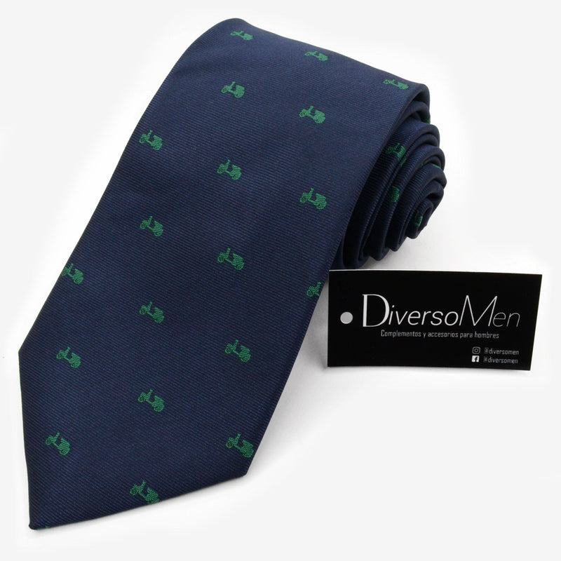 Corbata azul marino con motos verdes pequeñas - DiversoMen