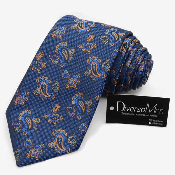 Corbata azul oscuro brillante con cachemir celeste y dorado - DiversoMen