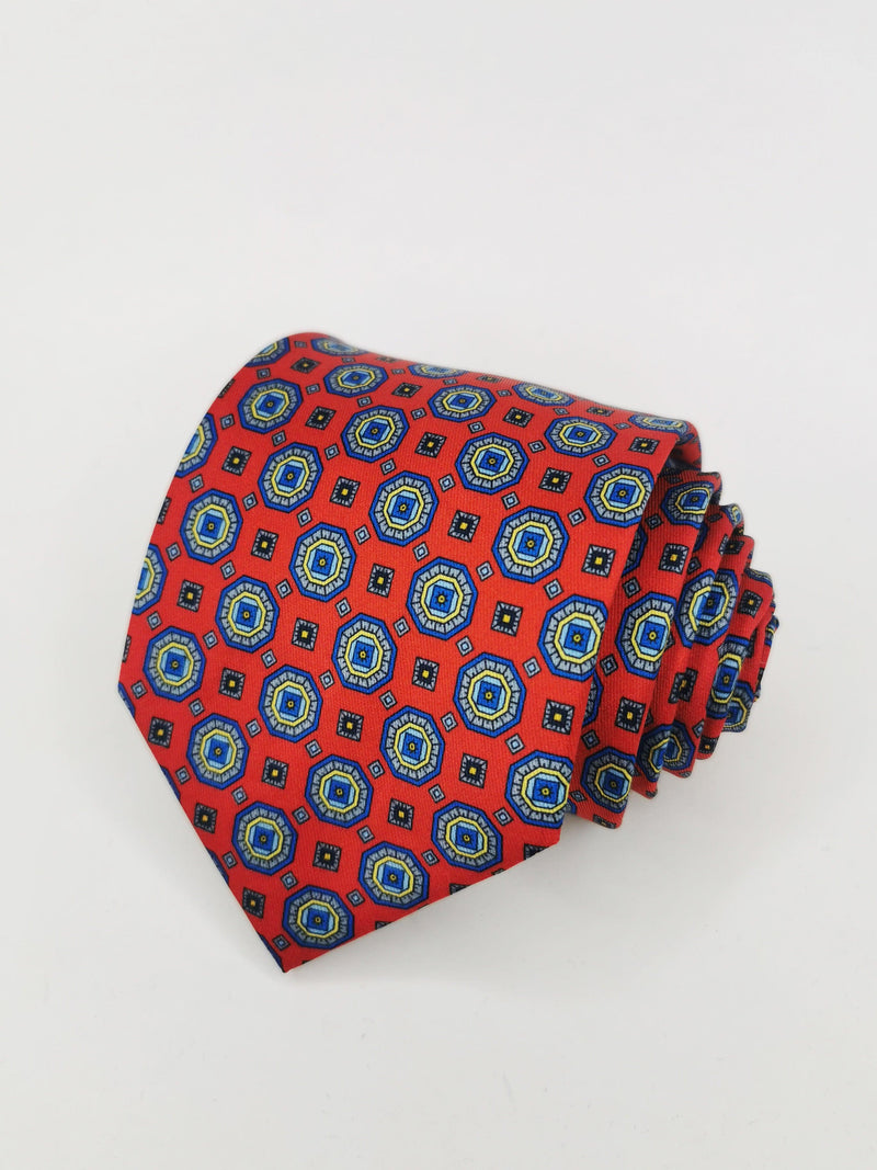 Corbata roja medallones amarillos y azules - DiversoMen