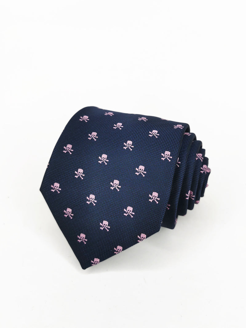 Corbata azul marino con calaveras piratas rosas