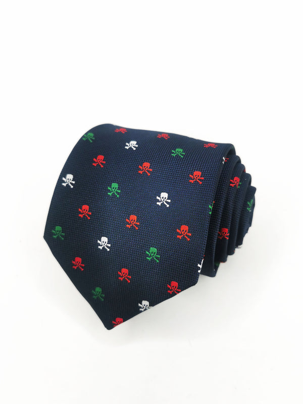 Corbata azul marino con calaveras piratas rojas, verdes y blancas