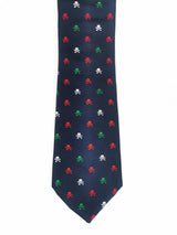 Navy blue tie with red, green and white pirate skulls