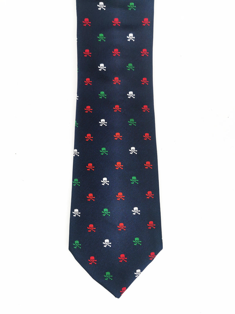 Navy blue tie with red, green and white pirate skulls