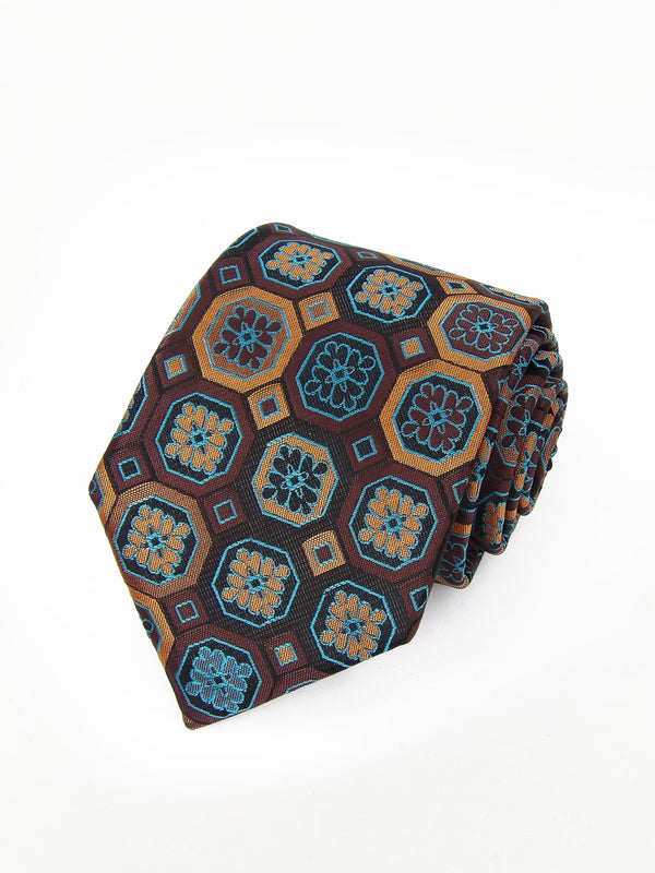 Corbata marron con rosetas tonos azules y ocres - DiversoMen