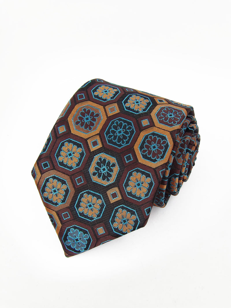 Corbata marron con rosetas tonos azules y ocres - DiversoMen