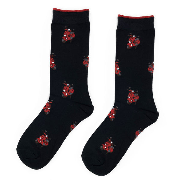 Chaussettes noires avec scooters rouges 