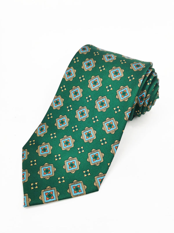 Corbata verde con rosetas celeste y amarillos