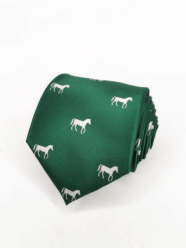 Green tie with white horses